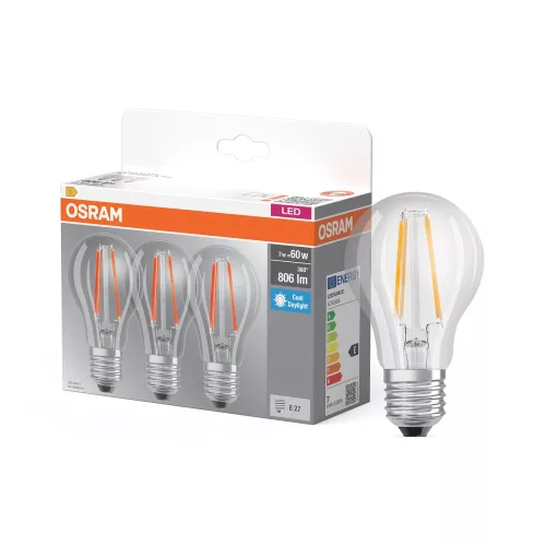 OSRAM Base LED classic izzó, átlátszó üveg búra, E27 foglalat, 7W, 806lm, 6500K hideg fehér, 3db
