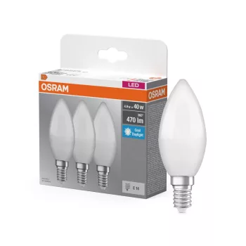 OSRAM Base LED gyertya izzó, matt plasztik búra, E14 foglalat, 4,9W, 6500K, 470lm, hideg fehér 3db