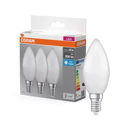 OSRAM Base LED gyertya izzó, matt plasztik búra, E14 foglalat, 7,5W, 6500K, 806lm, hideg fehér 3db