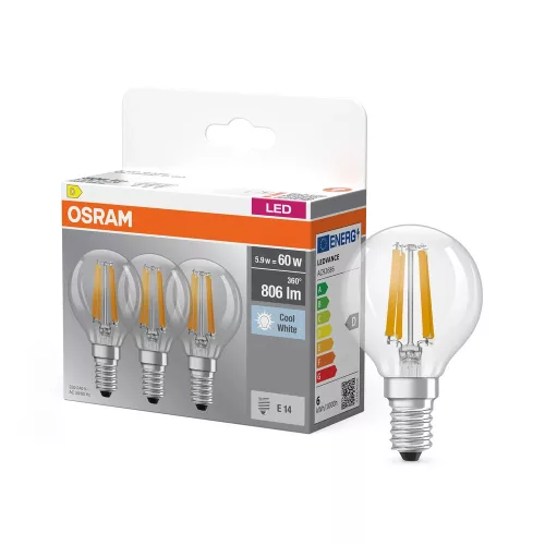 OSRAM Base LED izzó kisgömb forma, üveg búra, E14 foglalat, 5,9W, 806lm, 4000K semleges fehér 3db