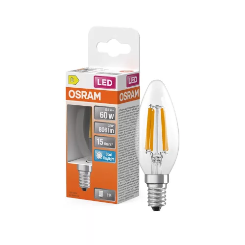 OSRAM Star LED gyertya izzó, átlátszó üveg, E14 foglalat, 5,9W, 806lm, 6500K hideg fehér fényforrás