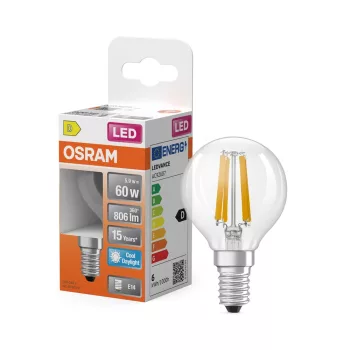 OSRAM Star LED izzó kisgömb forma, átlátszó üveg búra, E14 foglalat, 5,9W, 806lm, 6500K hideg fehér
