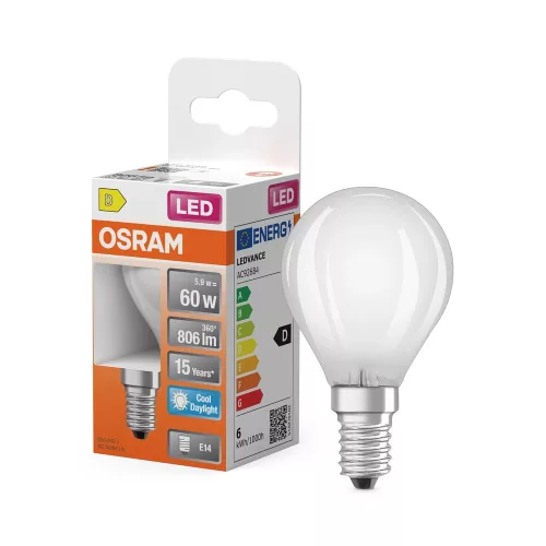 OSRAM Star LED izzó kisgömb forma, matt plasztik búra, E14 foglalat, 5,9W, 806lm, 6500K hideg fehér