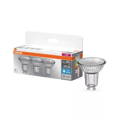 OSRAM Base LED izzó spot forma (PAR16), GU10 foglalat, 6,9W, 575lm, 6500K hideg fehér 3db