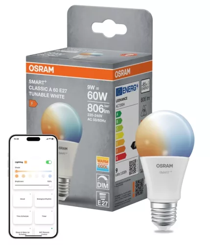 OSRAM SMART+ Matter LED izzó, matt plasztik búra, E27 foglalat, 9W, 806lm, 2700K meleg fehér