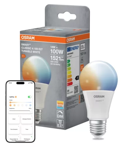 OSRAM SMART+ Matter LED izzó, matt plasztik búra, E27 foglalat, 14W, 1521lm, 2700K meleg fehér