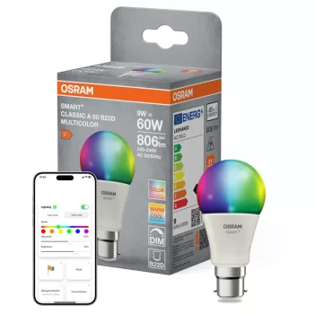 OSRAM SMART+ Matter LED izzó, körte forma, matt plasztik, B22d foglalat, 9W, RGB állítható, 806lm