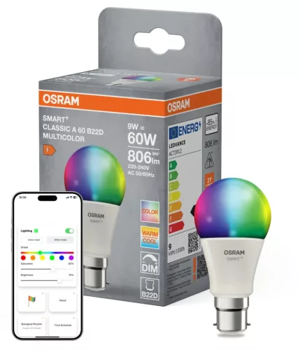 OSRAM SMART+ Matter LED izzó, körte forma, matt plasztik, B22d foglalat, 9W, RGB állítható, 806lm