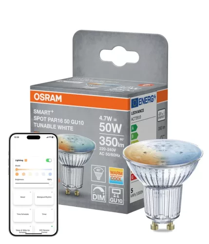 OSRAM SMART+ LED spot, matt plasztik, GU10 foglalat, 4,7W, 2700K, 350lm, meleg fehér