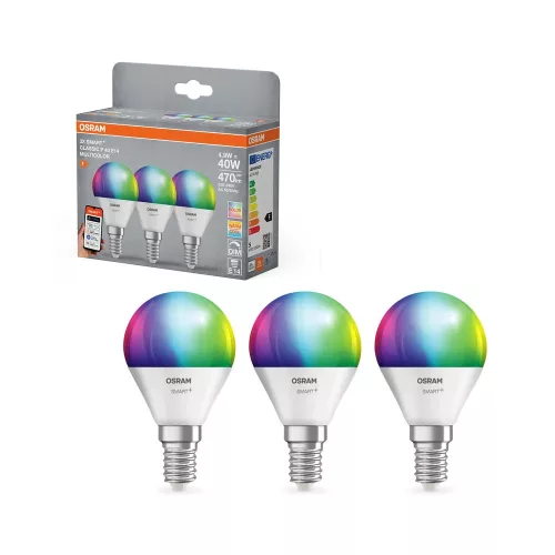 OSRAM SMART+ Matter LED izzó, kisgömb forma, matt plasztik, E14 foglalat, 4,9W, RGB állítható, 470lm
