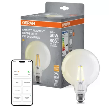 OSRAM SMART+ Matter dimmelhető LED izzó, Globe átlátszó üveg búra, E27, 6W, 806lm, 2700K meleg fehér