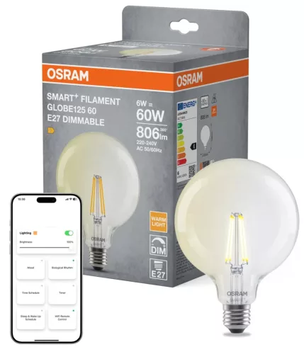 OSRAM SMART+ Matter dimmelhető LED izzó, Globe átlátszó üveg búra, E27, 6W, 806lm, 2700K meleg fehér