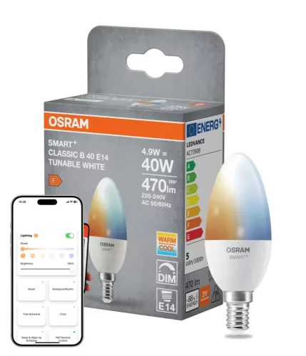 OSRAM SMART+ Matter LED izzó gyertya forma, matt búra, E14 foglalat, 4,9W, 470lm, 2700K meleg fehér