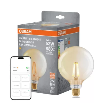 OSRAM SMART+ Matter dimmelhető LED izzó, Globe üveg, átlátszó arany E27, 6W, 680lm, 2400K extra mele
