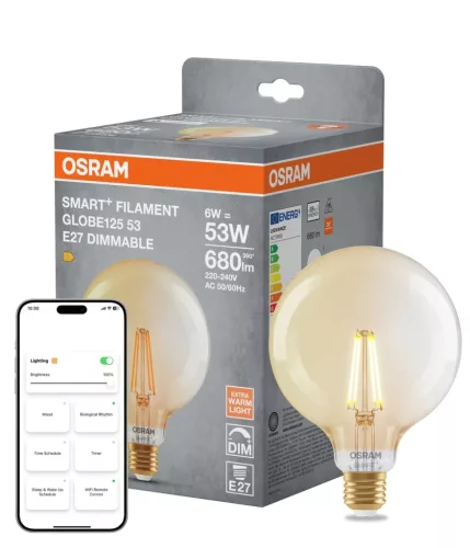 OSRAM SMART+ Matter dimmelhető LED izzó, Globe üveg, átlátszó arany E27, 6W, 680lm, 2400K extra mele