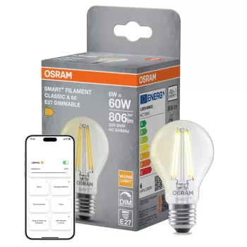 OSRAM SMART+ Matter dimmelhető LED izzó, üveg búra, E27, 6W, 806lm, 2700K meleg fehér filament