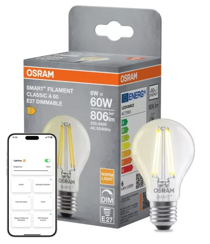 OSRAM SMART+ Matter dimmelhető LED izzó, üveg búra, E27, 6W, 806lm, 2700K meleg fehér filament