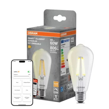 OSRAM SMART+ Matter dimmelhető LED izzó Edison forma, üveg búra, E27, 6W, 806lm, 2700K meleg fehér