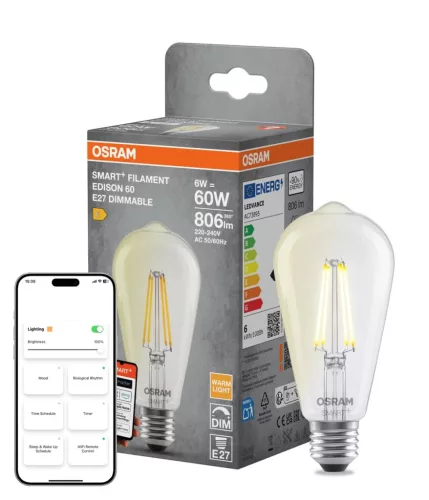 OSRAM SMART+ Matter dimmelhető LED izzó Edison forma, üveg búra, E27, 6W, 806lm, 2700K meleg fehér