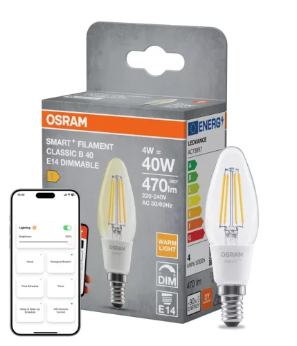 OSRAM SMART+ Matter dimmelhető LED izzó gyertya forma, üveg búra, E14, 4W, 470lm, 2700K meleg fehér