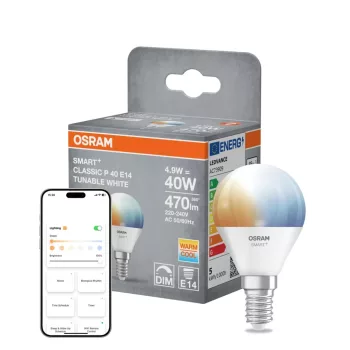 OSRAM SMART+ Matter LED izzó kisgömb forma, matt búra, E14 foglalat, 4,9W, 470lm, 2700K meleg fehér