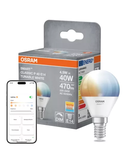 OSRAM SMART+ Matter LED izzó kisgömb forma, matt búra, E14 foglalat, 4,9W, 470lm, 2700K meleg fehér