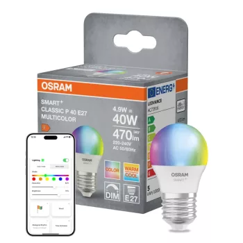 OSRAM SMART+ Matter LED izzó, kisgömb forma, matt plasztik, E27 foglalat, 4,9W, RGB állítható, 470lm