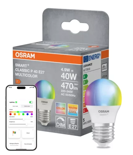 OSRAM SMART+ Matter LED izzó, kisgömb forma, matt plasztik, E27 foglalat, 4,9W, RGB állítható, 470lm
