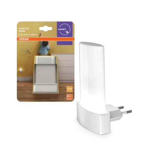 OSRAM LUNETTA® Shine konnektoros éjszakai lámpa nappali fény szenzorral, beltéri, fehér, 5 lm, 0,28 W, 3000 K, (PC), IP20, hossz: 90 mm ( 4099854530654 )