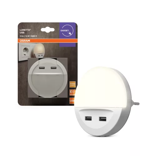 OSRAM LUNETTA® USB konnektoros éjszakai lámpa USB töltővel, beltéri, fehér, 3 lm, 13 W, 3000 K, (PC) és ABS, IP20, magasság: 90 mm ( 4099854530753 )