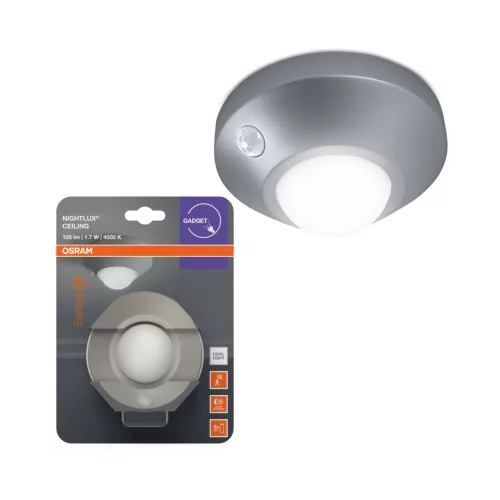 OSRAM NIGHTLUX® Ceiling akkumulátoros LED éjszakai bejárati / előszoba lámpa mozgásérzékelővel, beltéri, ezüst, 105 lm, 1,7 W, 4000 K, ABS, IP20, hossz: 47 mm, magasság: 86 mm ( 4099854530777 )