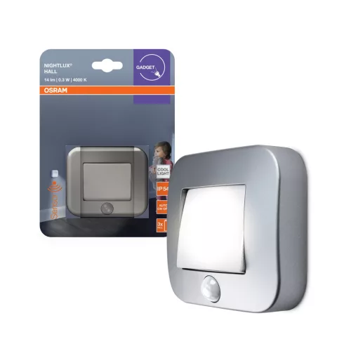 OSRAM NIGHTLUX® Hall akkumulátoros LED folyosó / előszoba éjszakai segédfény mozgásérzékelővel, beltéri, ezüst, 14 lm, 0,25 W, 4000 K, (PC), IP20, hossz: 84 mm ( 4099854530852 )