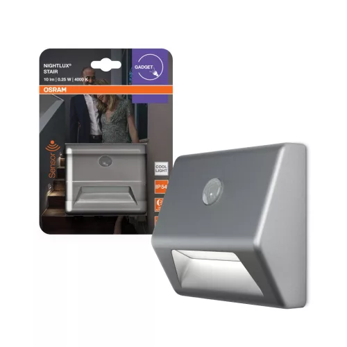 OSRAM NIGHTLUX® Stair akkumulátoros LED éjszakai lépcsővilágító mozgásérzékelővel, beltéri, ezüst, 10 lm, 0,25 W, 4000 K, (PC), IP20, magasság: 73 mm ( 4099854530937 )
