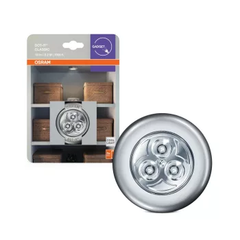   OSRAM DOT-it® érintéses kompakt LED lámpa elemes, öntapadó, beltéri, ezüst, 10 lm, 0,23 W, 7000 K, (PC), IP20, hossz: 22 mm, magasság: 68 mm ( 4099854531293 )