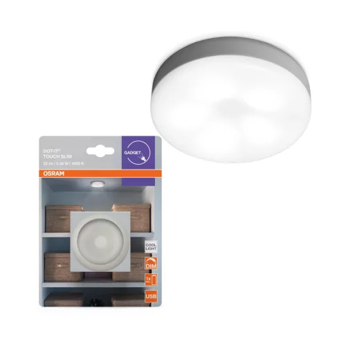 OSRAM DOT-IT Touch Slim érintéses kompakt LED lámpa USB-ről tölthető, öntapadó, beltéri, fehér, 32 lm, 0,45 W, 4000 K, (PC), IP20, hossz: 18 mm, magasság: 65 mm, dimmelhető ( 4099854531590 )