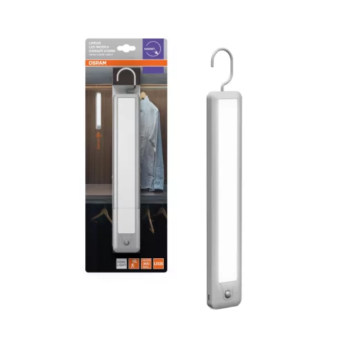 OSRAM Linear LED gardróbba / szekrénybe akasztható rúdlámpa akkumulátoros mozgásérzékelővel, USB-ről tölthető, beltéri, fehér, 120 lm, 2,35 W, 4000 K, (PC), IP20, hossz: 324 mm ( 4099854532030 )