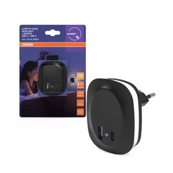   OSRAM LUNETTA® Edge konnektoros éjszakai lámpa USB A+C töltővel, beltéri, fekete, 9 lm, 12,5 W, 3000 K, ABS, IP20, hossz: 70 mm ( 4099854532078 )