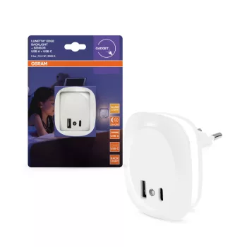   OSRAM LUNETTA® Edge konnektoros éjszakai lámpa USB A+C töltővel, beltéri, fehér, 9 lm, 12,5 W, 3000 K, ABS, IP20, hossz: 70 mm ( 4099854532115 )
