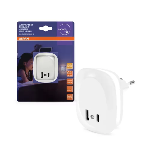 OSRAM LUNETTA® Edge konnektoros éjszakai lámpa USB A+C töltővel, beltéri, fehér, 9 lm, 12,5 W, 3000 K, ABS, IP20, hossz: 70 mm ( 4099854532115 )