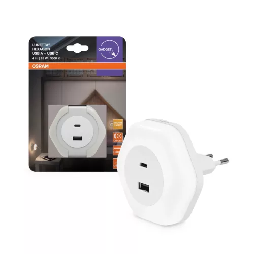 OSRAM LUNETTA® Hexagon konnektoros éjszakai lámpa USB A+C töltővel, beltéri, fehér, 4 lm, 15 W, 3000 K, (PC), IP20, hossz: 81,2 mm ( 4099854532238 )