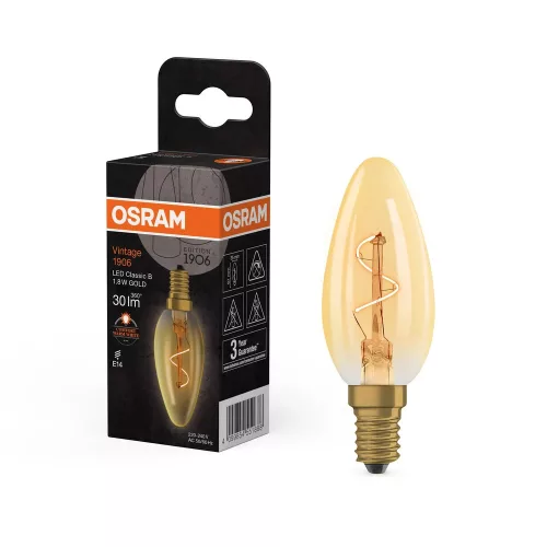 OSRAM Vintage 1906 LED izzó gyertya forma, üveg búra, arany E14, 1,8W, 30lm, 2200K extra meleg fehér