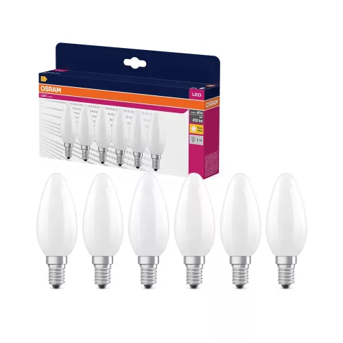 OSRAM Value LED gyertya izzó, matt plasztik búra, E14 foglalat, 4,2W, 470lm, 2700K meleg fehér 6db