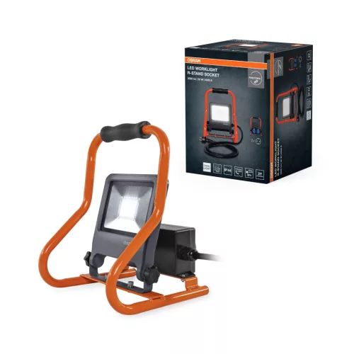 OSRAM Worklights hordozható állványos LED munkalámpa 2 db beépített aljzattal, kültéri, szürke, 2700 lm, 30 W, 4000 K, alumínium és acél, IP65, magasság: 307 mm ( 4099854572111 )