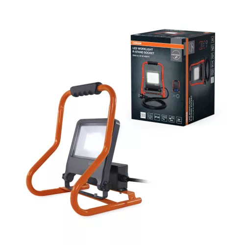 OSRAM Worklights hordozható állványos LED munkalámpa 2 db beépített aljzattal, kültéri, szürke, 4500 lm, 50 W, 4000 K, alumínium és acél, IP65, magasság: 375 mm ( 4099854572135 )