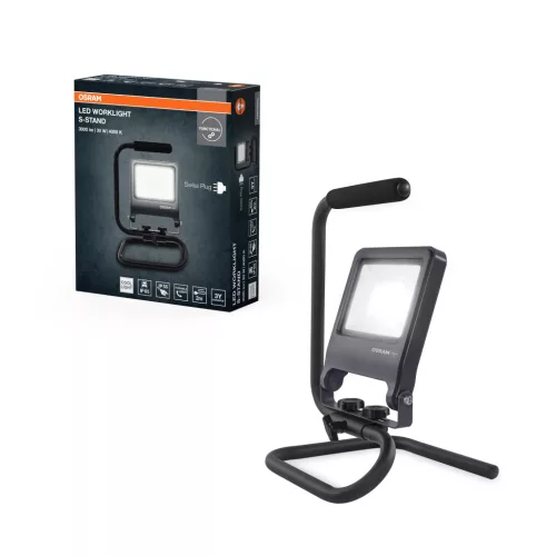 OSRAM Worklights hordozható állványos LED munkalámpa svájci dugóval (Type J), kültéri, sötétszürke, 2700 lm, 30 W, 4000 K, alumínium és acél, IP65, magasság: 325 mm ( 4099854572296 )