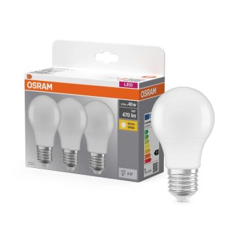 OSRAM Base LED izzó, classic forma, matt búra, E27 foglalat, 4,9W, 470lm, 2700K meleg fehér 3db