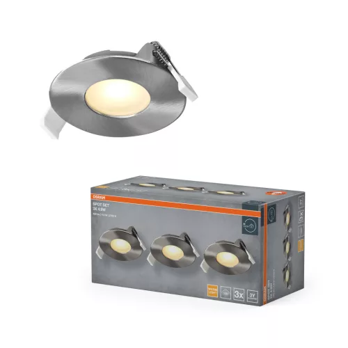 OSRAM beépíthető LED spot lámpa, beltéri, szatén nikkel, 200 lm, 4,9 W, 2700 K, alumínium és műanyag, IP20, átmérő: 85 mm, hossz: 27,5 mm, 3 db-os szett ( 4099854595516 )