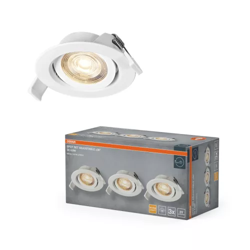 OSRAM beépíthető LED állítható spot lámpa, beltéri, fehér, 280 lm, 4,9 W, 2700 K, alumínium és műanyag, IP20, átmérő: 90 mm, hossz: 27,5 mm, 3 db-os szett ( 4099854595578 )