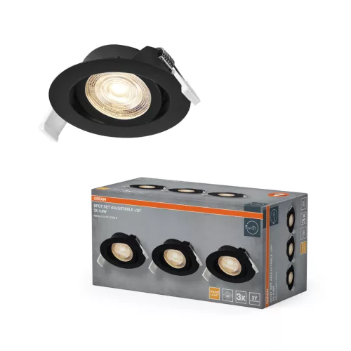 OSRAM beépíthető LED állítható spot lámpa, beltéri, fekete, 260 lm, 4,9 W, 2700 K, alumínium és műanyag, IP20, átmérő: 90 mm, hossz: 27,5 mm, 3 db-os szett ( 4099854595592 )