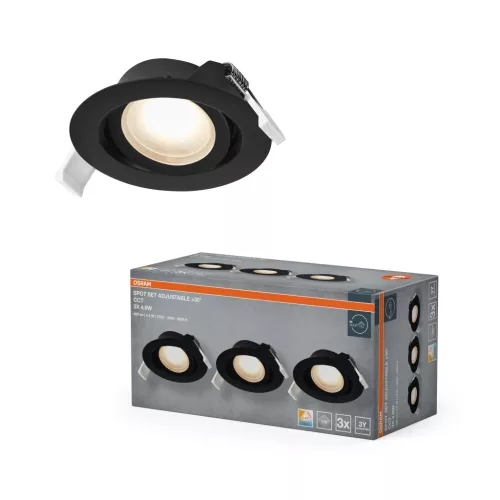 OSRAM beépíthető LED spot lámpa, beltéri, fekete, 200 lm, 4,9 W, 2700 K / 4000 K / 6500 K, alumínium és műanyag, IP20, átmérő: 90 mm, 3 db-os szett ( 4099854595769 )